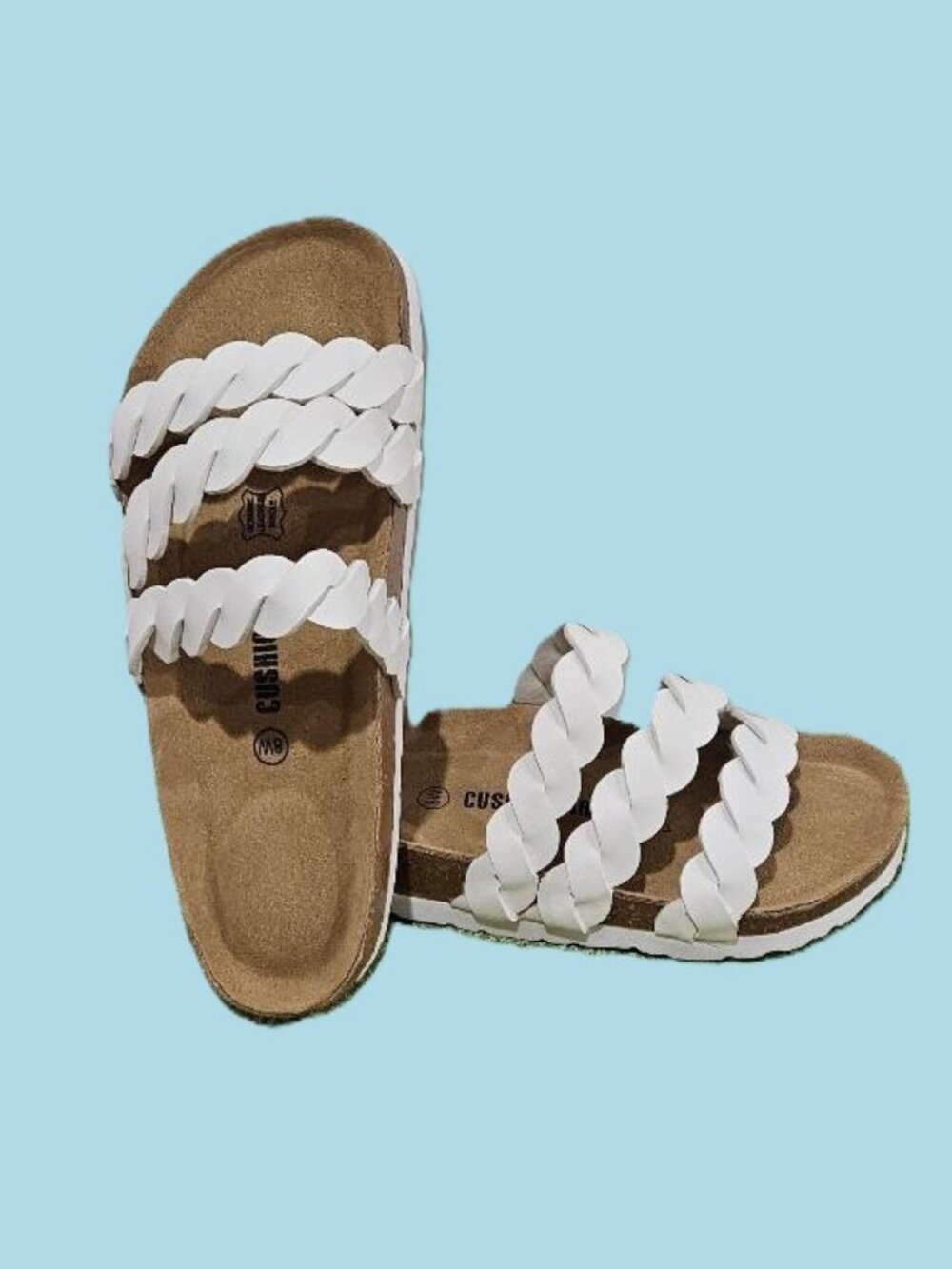 New CUSHIONAIRE WHITE CORK WEDGE 3 BRAIDED STRAP OPEN TOE SLIDE SANDAL  8W BOHO